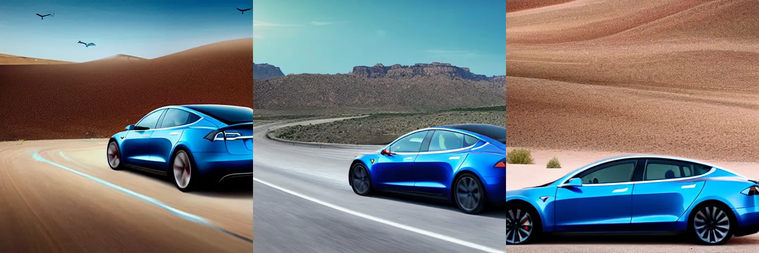 Prompt: a blue Tesla driving through the desert, advertisement, car,