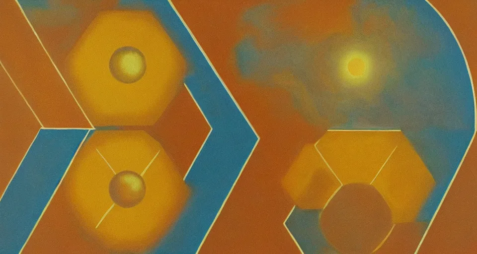 Prompt: shield made from hexagons, in space, the sun and earth, art deco painting