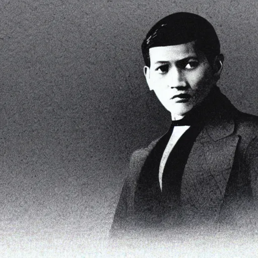 Prompt: Jose Rizal wearing suit and tie in the style of the Grand Theft Auto loading screen