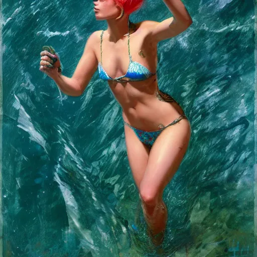 Image similar to halsey in a bikini, 8 k octane beautifully detailed render, post - processing, extremely hyper - detailed, intricate, epic composition, cinematic lighting, masterpiece, trending on artstation, masterpiece, stunning art by anders zorn, wonderful masterpiece by greg rutkowski, beautiful cinematic