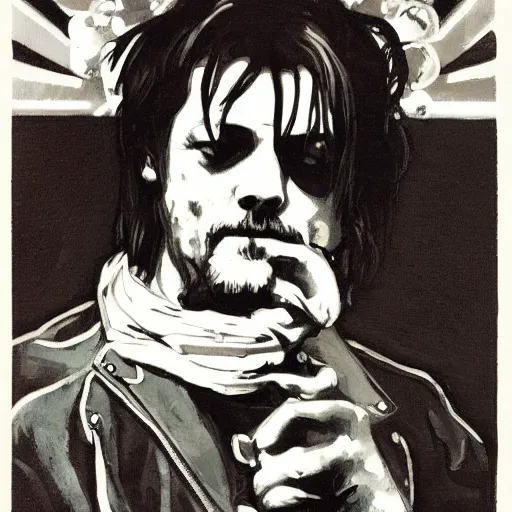 Prompt: an artsy portrait of norman reedus, leather jacket, alphonse mucha, egon schiele, hot