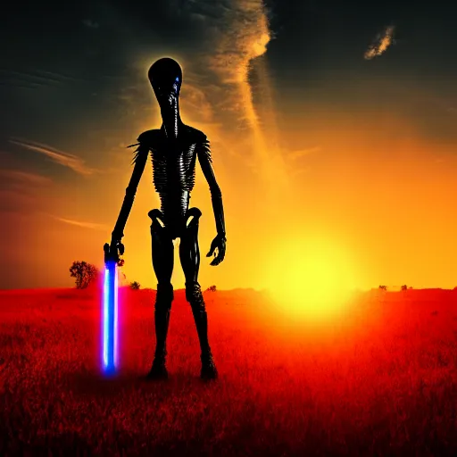 Image similar to detailed alien standing in field, with red lightsaber, gloomy nemobo at sunset