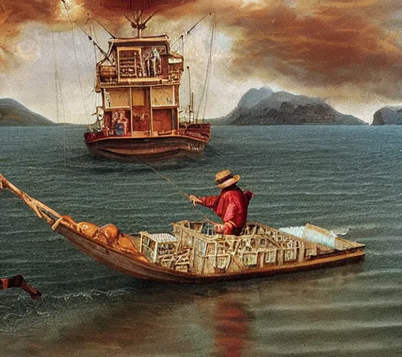 Image similar to Tom hanks as forrest gump fishing for shrimp in a giant shrimp boat, realistic face, renaissance painting, amazing detail