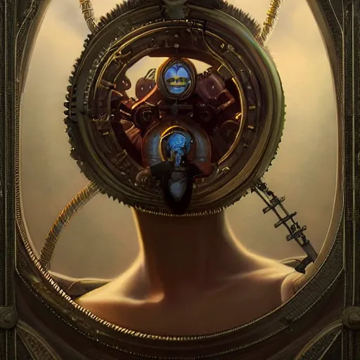 Image similar to by tom bagshaw, photorealist vivid render of a carnival of curiosities marvel, single bald steampunk female in a full ornated armor, gears, cables, led, flying machinery, partial symmetry accurate features, very intricate details, focus, award winning, ultra dense fog, trending on behance