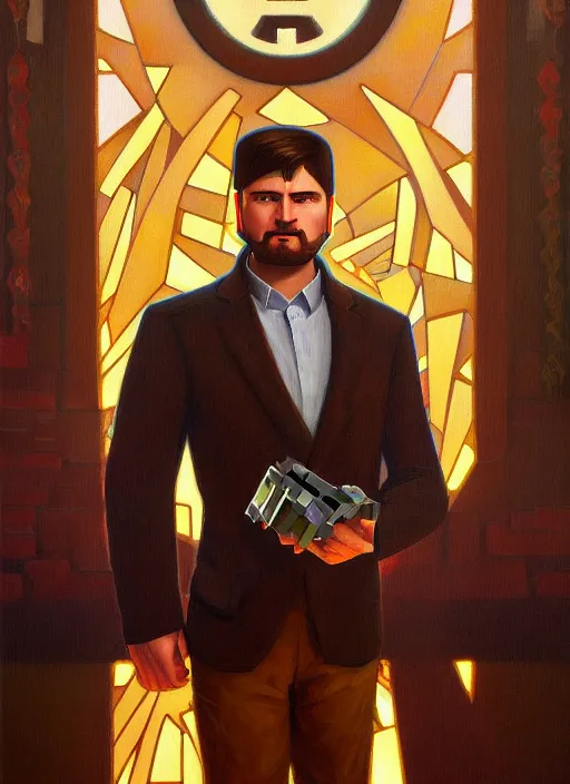 Prompt: oil painting of steve from minecraft, intricate, elegant, highly detailed, lighting, painting, artstation, smooth, illustration, art by greg rutowski and alphonse mucha