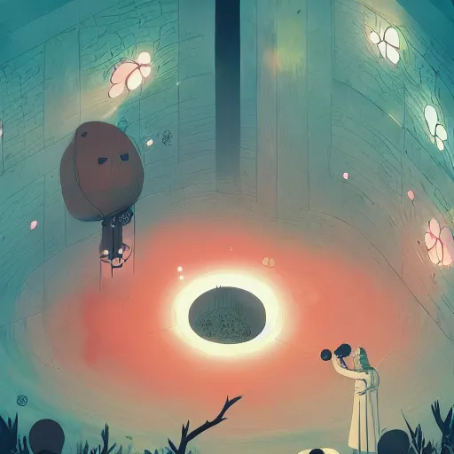 Image similar to A rabbit full of hope, looking for a black hole in an infinite time loop by Victo Ngai and Ghibli andlisk feng and atey ghailan