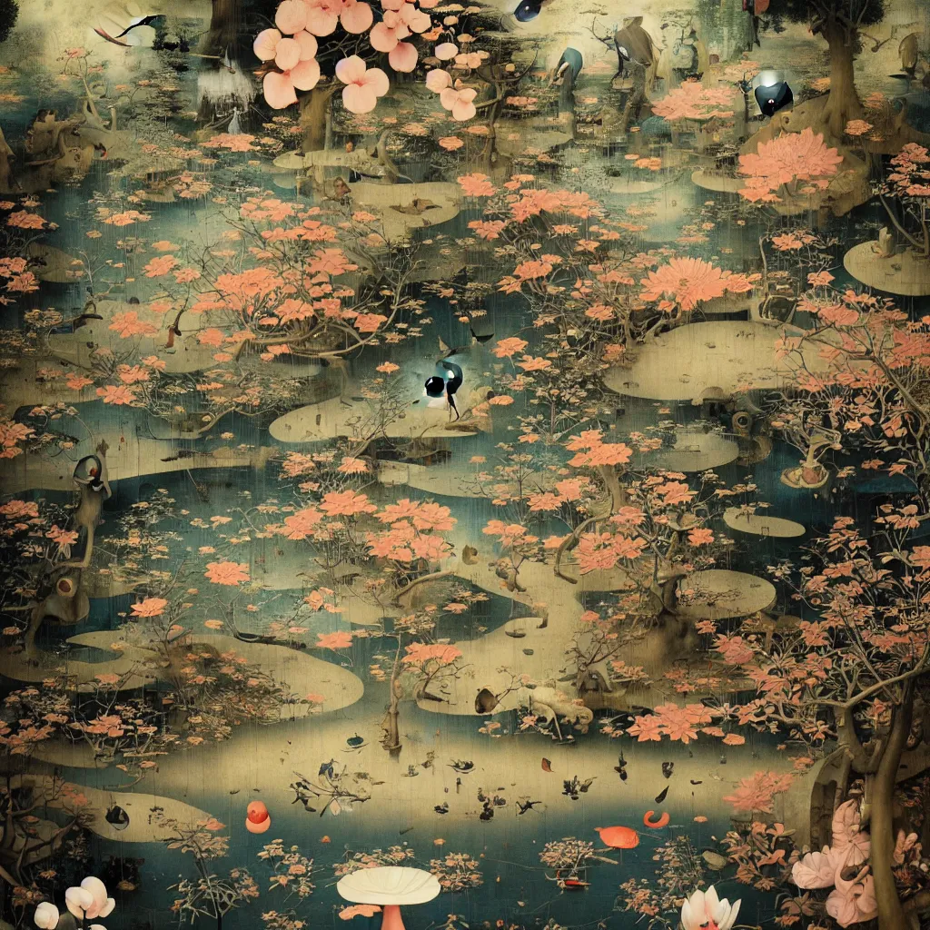 Prompt: Japanese Garden by Hieronymus Bosch and James Jean, Ross Tran, hypermaximalist, surreal oil painting, highly detailed, dream like, masterpiece