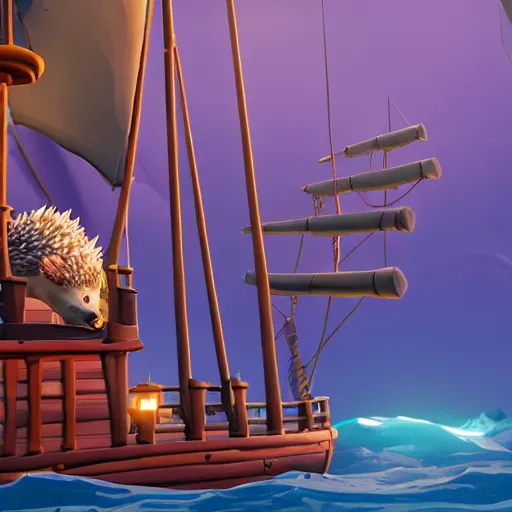 Prompt: hedgehog on a ship in sea of thieves