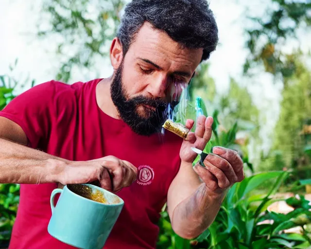 Prompt: mr robert is drinking fresh tea, smoke pot and meditate in a garden from spiral mug, detailed focused face, muscular hands, golden hour closeup photo, red elegant shirt, eyes wide open, ymmm and that smell