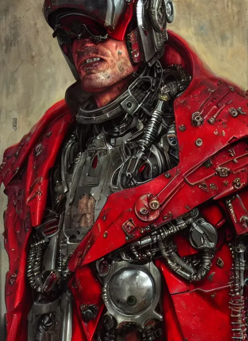 Image similar to portrait of rotten Tom Cruise as adeptus mechanicus in red hood and robe from Warhammer 40000. Highly detailed, artstation, illustration by and John Blanche and zdislav beksinski and wayne barlowe and Gustav Klimt