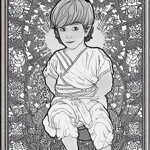 Image similar to clean simple line art of a little boy with short hair. no background. well composed, clean coloring book page, beautiful detailed face. coloring book line art by greg rutkowski and johanna basford and alphonse mucha