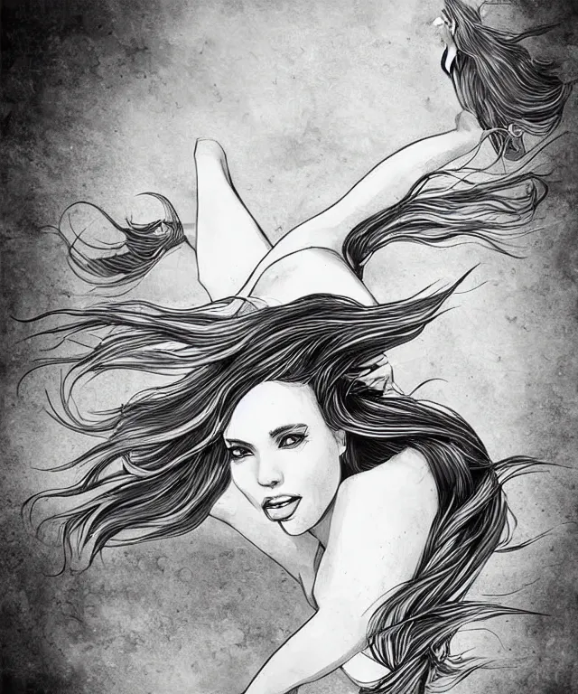 Image similar to black and white illustration, creative design, dark fantasy, concept art, beautiful mermaid, full body, swimming in ocean, fish tail bikini top flowing hair