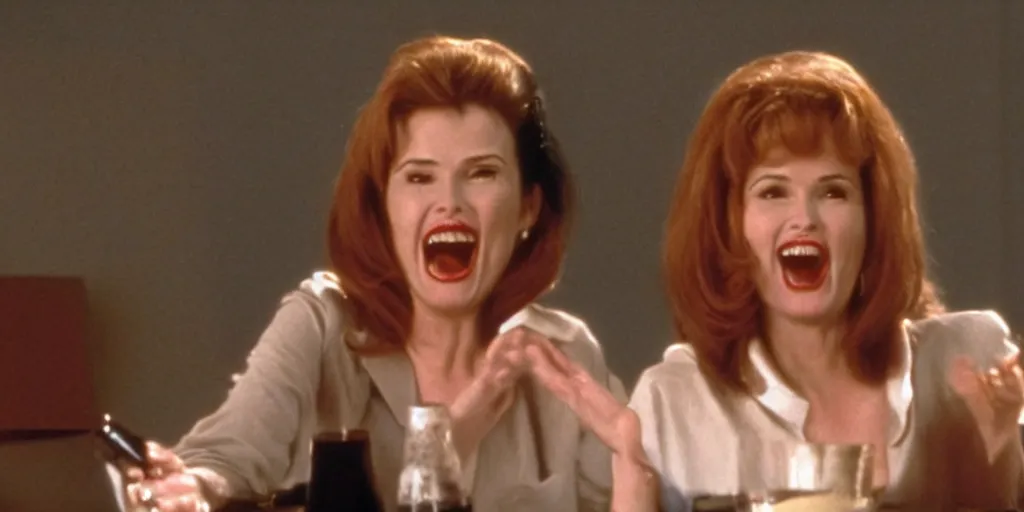 Image similar to still frame of Geena Davis in Pulp Fiction laughing hysterically over a joke