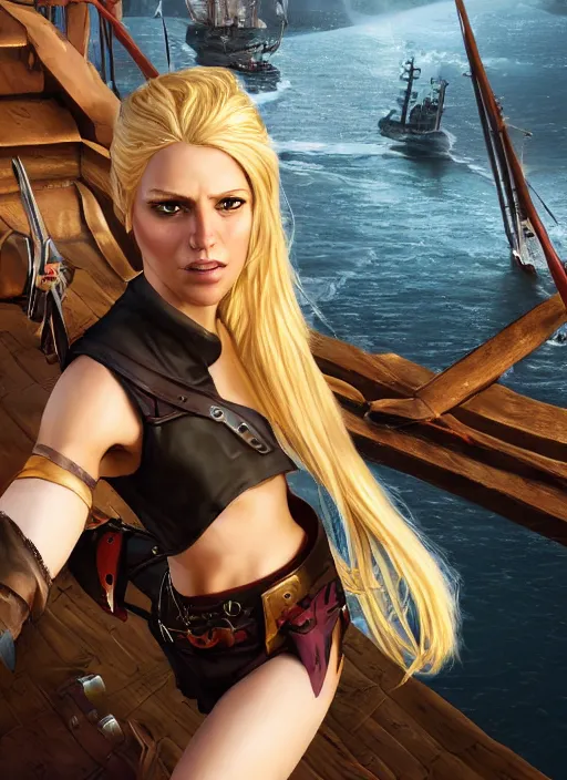 Image similar to An epic fantasy comic book style portrait painting of tall blonde haired female sky-pirate with a serious face and a pony tail in front of a metal gangplank, unreal 5, DAZ, hyperrealistic, octane render, cosplay, RPG portrait, dynamic lighting