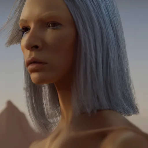 Image similar to a close up of a female woman, synthetic fashion model with large hair, standing on a martian landscape, cinematic movie scene, inspired by the movie the fifth element, by kim jung gi, hyperrealistic, fine details, octane render, volumetric lighting