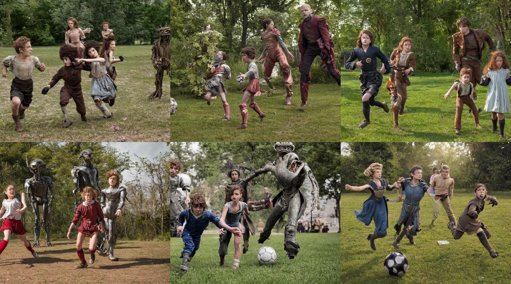 Prompt: still from a sci fi blockbuster movie made in 2022, set in 1860, a boy and a girl are playing soccer with an humanoid alien,the boy and girl are wearing 1850s era clothes, in a park on a strange alien planet full of alien plants and flowers, good lighting, 8k, in focus faces, good photography