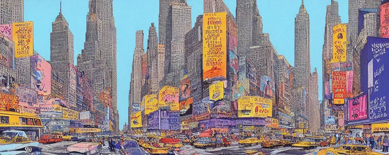 Image similar to a 2D drawing of new York in 1980s, colorful and beautiful by hiroshi yoshida