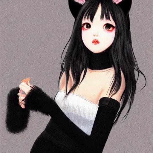 Image similar to realistic beautiful gorgeous natural cute Blackpink Lalisa Manoban black hair cute fur black cat ears, wearing white camisole, headphones, black leather choker artwork drawn full HD 4K highest quality in artstyle by professional artists WLOP, Taejune Kim, Guweiz on Pixiv Artstation