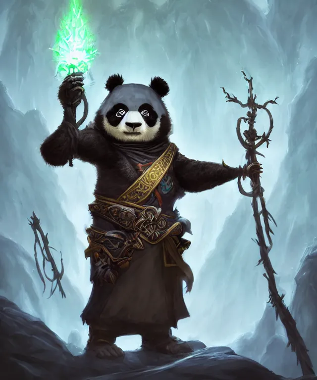 Image similar to a portrait an anthropomorphic panda warlock holding a staff, wearing warlock robes with spiked shoulders, landscape in background, dnd character art portrait, world of warcraft style, by peter mohrbacher, cinematic lighting