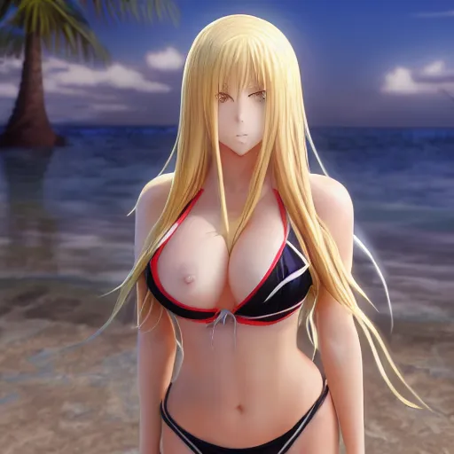 Prompt: bishamon render as a very beautiful 3d anime girl, long pure blonde hair, golden eyes, full round face, short smile, cute bikini, serene beach setting, cinematic lightning, medium shot, mid-shot, highly detailed, trending on Artstation, Unreal Engine 4k, cinematic wallpaper