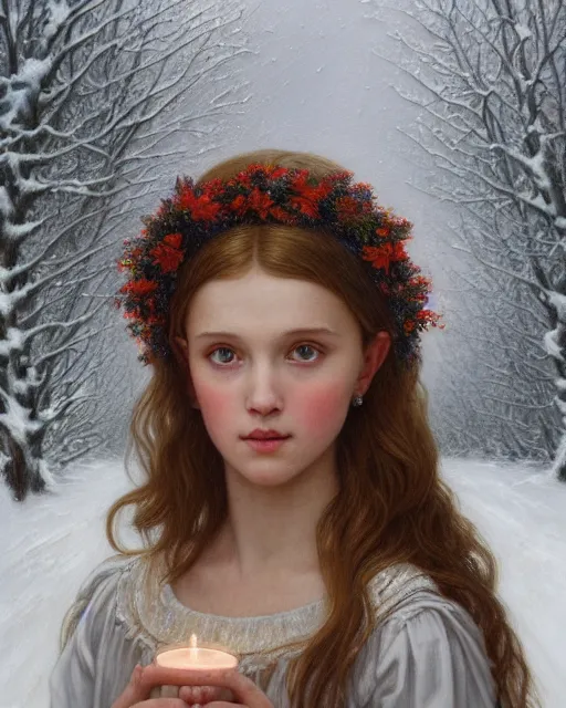 Prompt: a realistic candlelit portrait painting of a thoughtful girl resembling a young, shy, redheaded alicia vikander or millie bobby brown wearing a christmas wreath in her hair and peasant dress carrying a candle in a deep snow - covered forest at night, highly detailed, intricate, concept art, artstation, by donato giancola, alphonse mucha, and william bouguereau