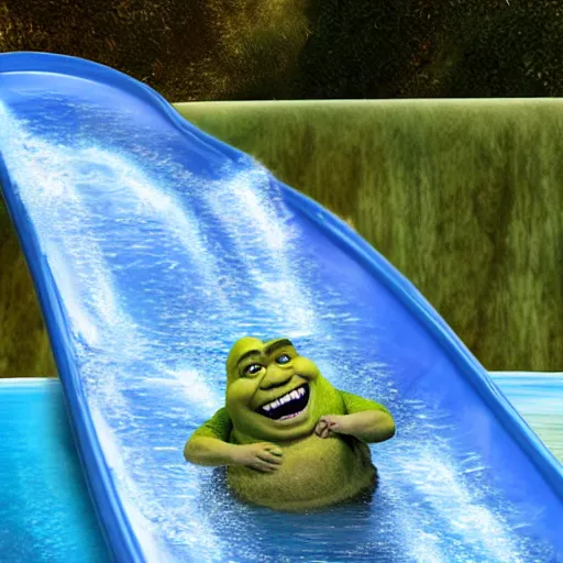 Image similar to shrek in a water slide, realistic photo, hyperrealistic