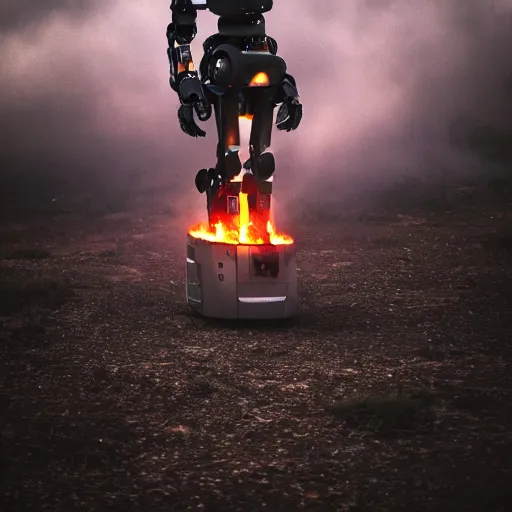 Prompt: futuristic robot bent on knees towards a burning field, photograph, smoke, dark, 8k, detailed