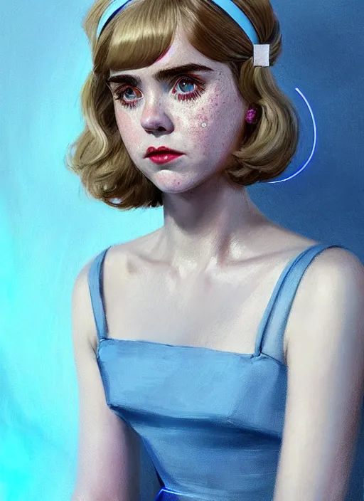 Image similar to portrait of kiernan shipka with freckles, white hair, 1 9 6 0 s bob hairstyle with bangs and hairband, blue 1 9 6 0 s dress, intricate, elegant, glowing lights, highly detailed, digital painting, artstation, concept art, smooth, sharp focus, illustration, art by wlop, mars ravelo and greg rutkowski