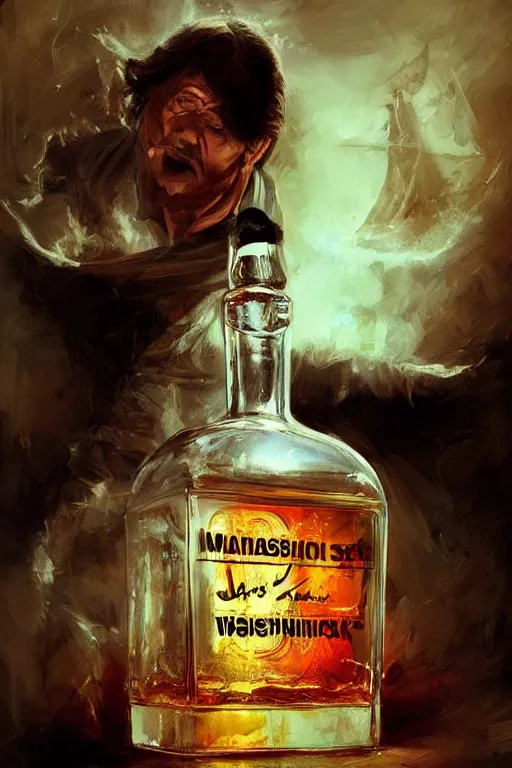 Prompt: a ship in a bottle but instead of a ship it is jack nicholson in the bottle, jack nicholson, whiskey bottle, masterpiece painting by artgerm, ruan jia, jakub rebelka, tom bagshaw