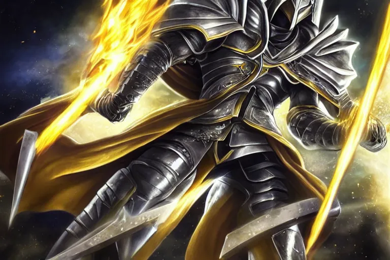 Image similar to an ultra detailed portrait of saladin as a shonen anime protagonist charging into battle wearing bright gold armor and huge flaming longsword blessed by god, epic anime fantasy, 8 k, volumetric lighting, smooth, highly detailed, digital illustration, art by kentaro miura and akira toriyama and artgerm