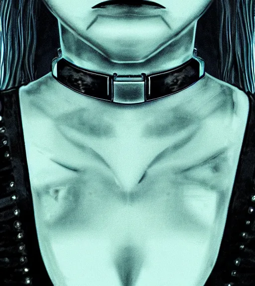 Image similar to detailed realistic female character cyberpunk wearing thick steel collar around neck, realistic, art, beautiful, 4K, collar, choker, collar around neck, punk, artstation, detailed, female, woman, choker, cyberpunk, neon, punk, collar, choker, collar around neck, thick collar, tight around neck, punk,