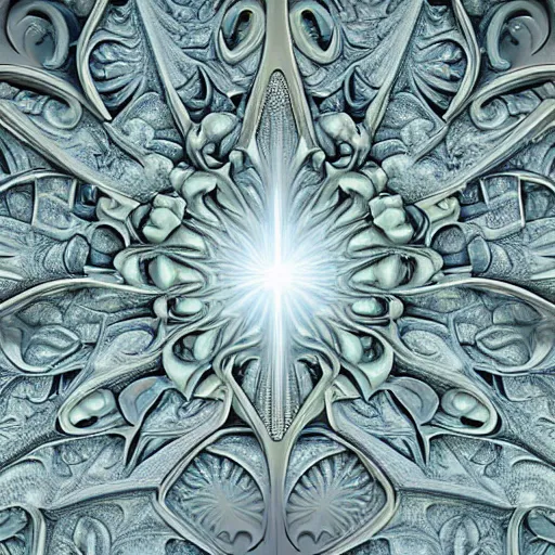 Image similar to a beautiful 3 d stone carving of an intricate mandelbrot fractal cathedral populated by fractals by android jones, carved soap, color scheme, unreal engine, volumetric lighting, dynamic lighting, bright, dramatic lighting, high contrast, carved marble, opalescent, sagrada familia arch, sacred geometry, religious, angelic, catholic punk, stark