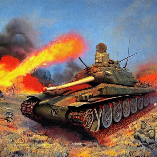 Image similar to soviet tank attack, battle painting by Mikhail Avilov