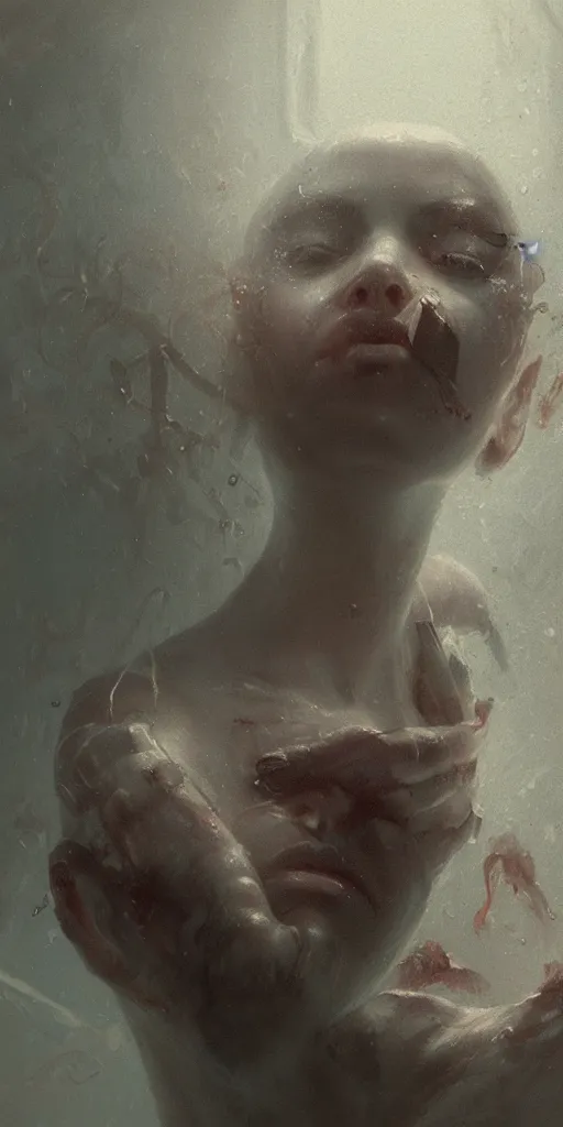 Prompt: close up face portrait of a machine dreaming with it's eyes open in a bathtub inside of a apocalyptic bathroom, extremely detailed digital painting, in the style of fenghua zhong and ruan jia and jeremy lipking and peter mohrbacher, mystical colors, rim light, beautiful lighting, 8 k, stunning scene, raytracing, octane, trending on artstation