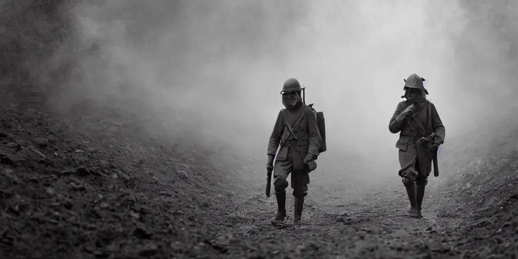 Image similar to wwi soldier wearing a gas mask walking through smoke, centerscreen, 8 5 mm lens, no man's land, muddy, cinematic, atmospheric, shot on arri alexa