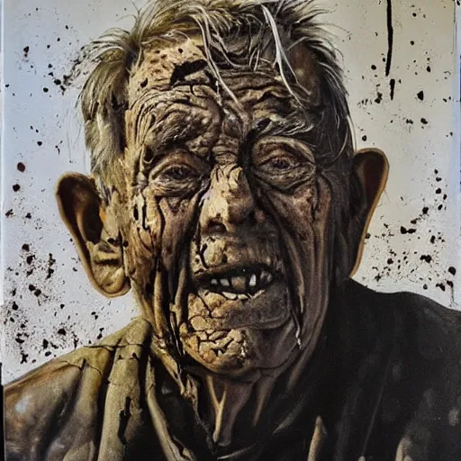 Prompt: a scary painting of an old man covered in mud