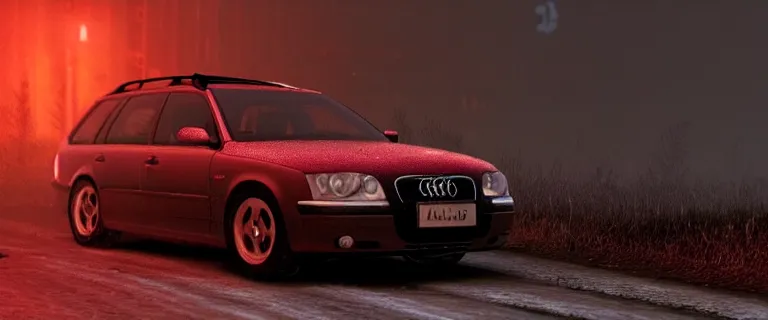 Image similar to Audi A4 B6 Avant (2002), a gritty neo-noir, dramatic lighting, cinematic, eerie person, death, homicide, homicide in the snow, gunshots, establishing shot, extremely high detail, photorealistic, red fog, chaos, arson, burning city, cinematic lighting, artstation, by simon stalenhag, Max Payne (PC) (2001) winter New York at night, In the style of Max Payne 1 graphic novel, flashing lights, Poets of the Fall - Late Goodbye