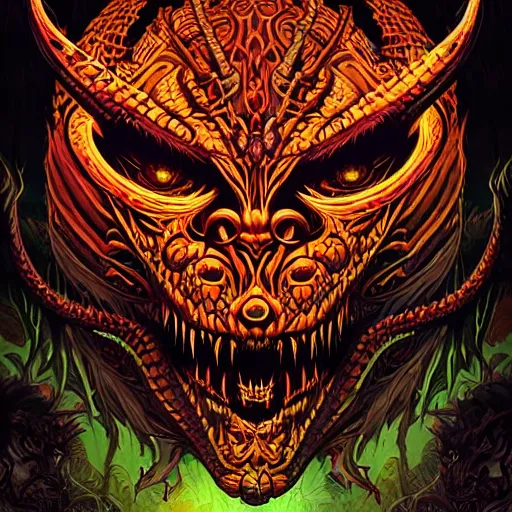 Image similar to barong family member, wiwek, mara demon, one single tribe member, jungle, one single mask, dark, ancient warrior, snake, alien, predator, dragon, devil, satan, diablo, tribal, inner glow, art by dan mumford and justin gerard