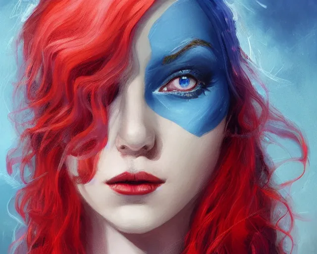 Image similar to A detailed matte oil on canvas head on symmetrical portrait of a distinguished elven woman with red and blue hair on an empty background, by Charlie bowater, Lise Deharme, Wlop, trending on artstationhd, dungeons and dragons art, parted hair , half blue, half red , split dye, critical role