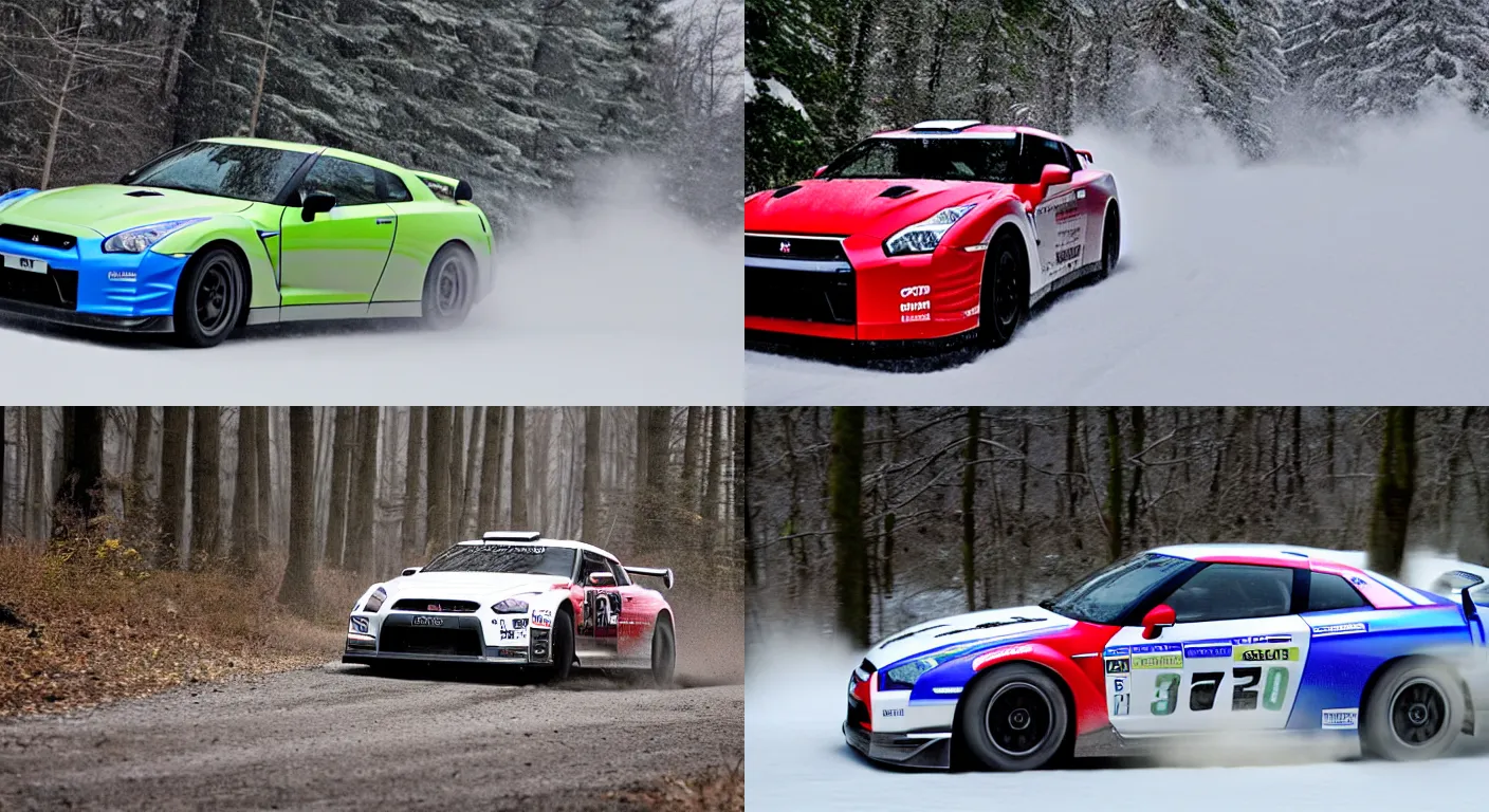 Prompt: a 2 0 1 0 nissan gt - r specv, racing through a rally stage in a snowy forest