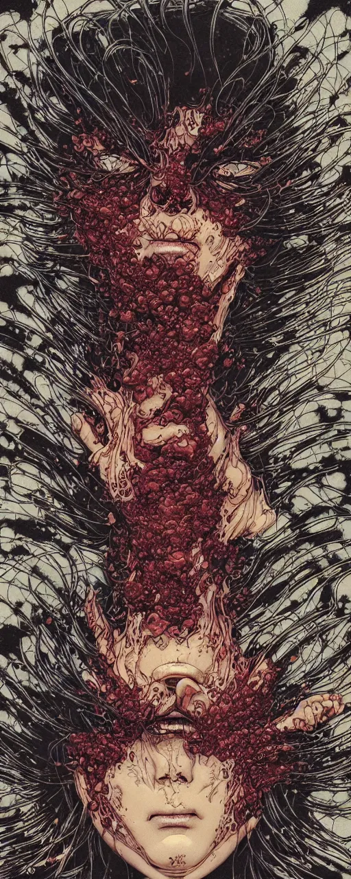 Image similar to closeup of face melting in agony, inside a frame on a tiled wall, frontal picture, by yoichi hatakenaka, masamune shirow, josan gonzales and dan mumford, ayami kojima, takato yamamoto, karol bak