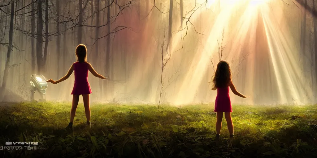 Image similar to sci - fi scene future new york, little girl holding a hand of a big robot, forest punk, crepuscular rays, epic scene, hyper realistic, photo realistic, overgrowth, cinematic atmosphere, ethereal lighting