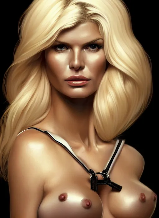 Image similar to portrait of blonde victoria silvstedt as a sultry lady, collar and leash, leather, greek, intricate, headshot, victoria silvstedt face, highly detailed, digital painting, artstation, concept art, sharp focus, cinematic lighting, illustration, art by artgerm and greg rutkowski, alphonse mucha, cgsociety