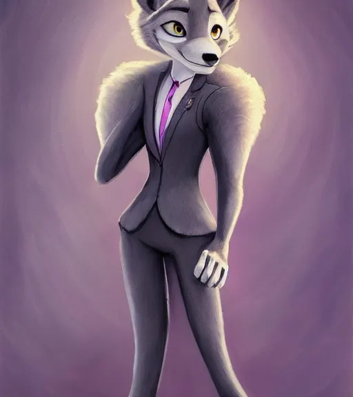 Image similar to oil painting of full body of anthromorphic female wolf, in style of zootopia, zootopia, zootopia, fursona, furry, furaffinity, 4 k, deviantart, furry art, fursona art, wearing black business suit, business suit, in style of zootopia, wolf fursona, cyberpunk, female, expressive detailed feminine face,
