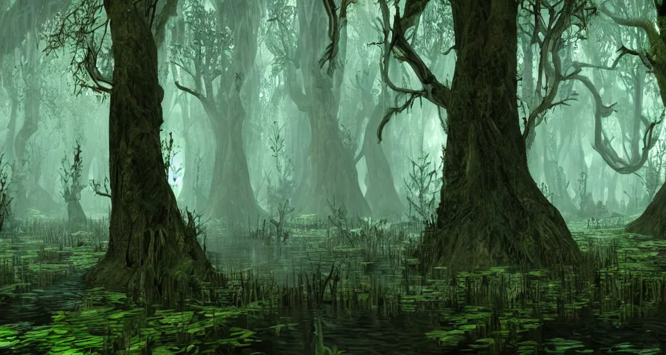 Image similar to A dense and dark enchanted forest with a swamp, from WOW