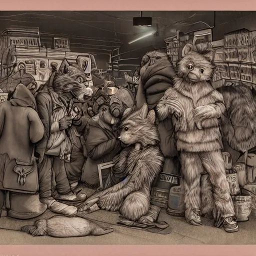 Prompt: photography of hobo artist drawing furries for booze on the dirty street. symmetry, awesome exposition, very detailed, highly accurate, intricate, professional lighting diffracted lightrays, studio photo, 8 k, sense of awe