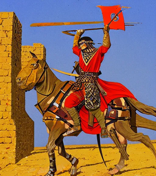 Image similar to character art illustration portrait of a medieval Byzantine infantry warrior by Angus McBride, dynamic pose.