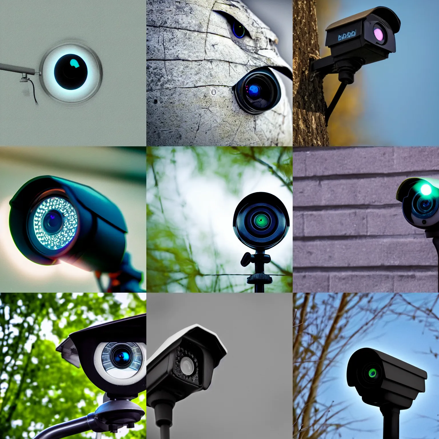 Prompt: surveillance camera glowing eye bird watching