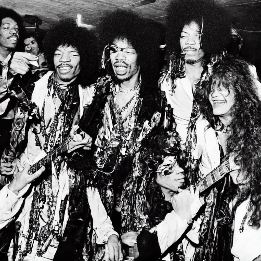 Prompt: a photo of Jimi Hendrix and Janis Joplin performing in a dive bar,