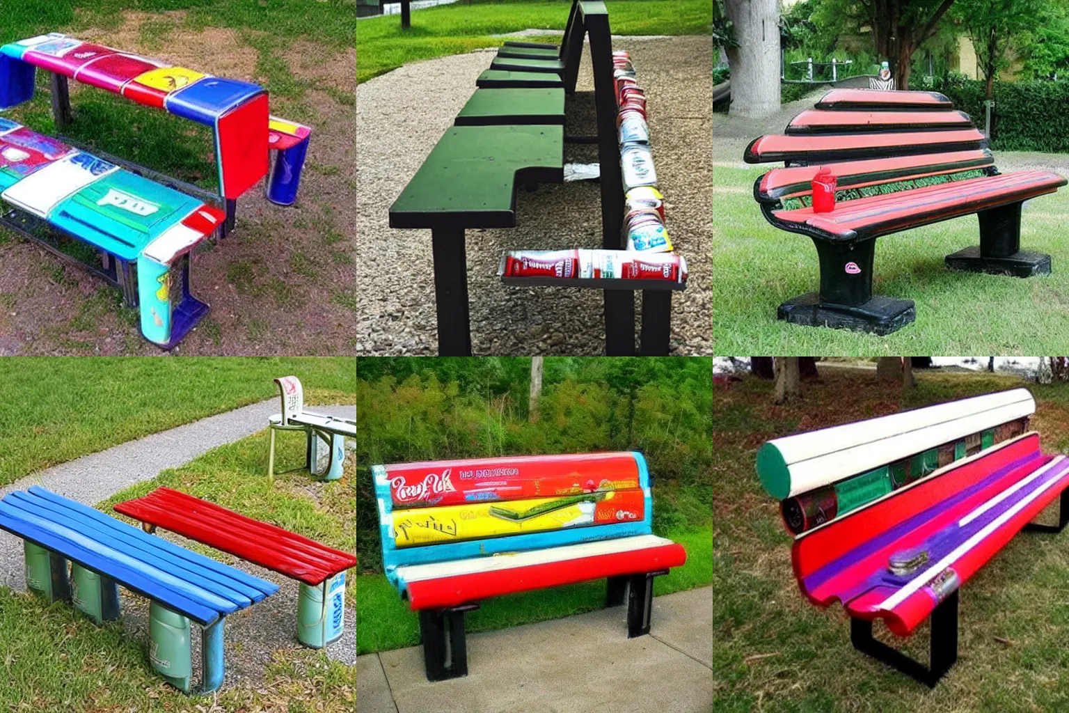 Prompt: park bench made out of soda cans